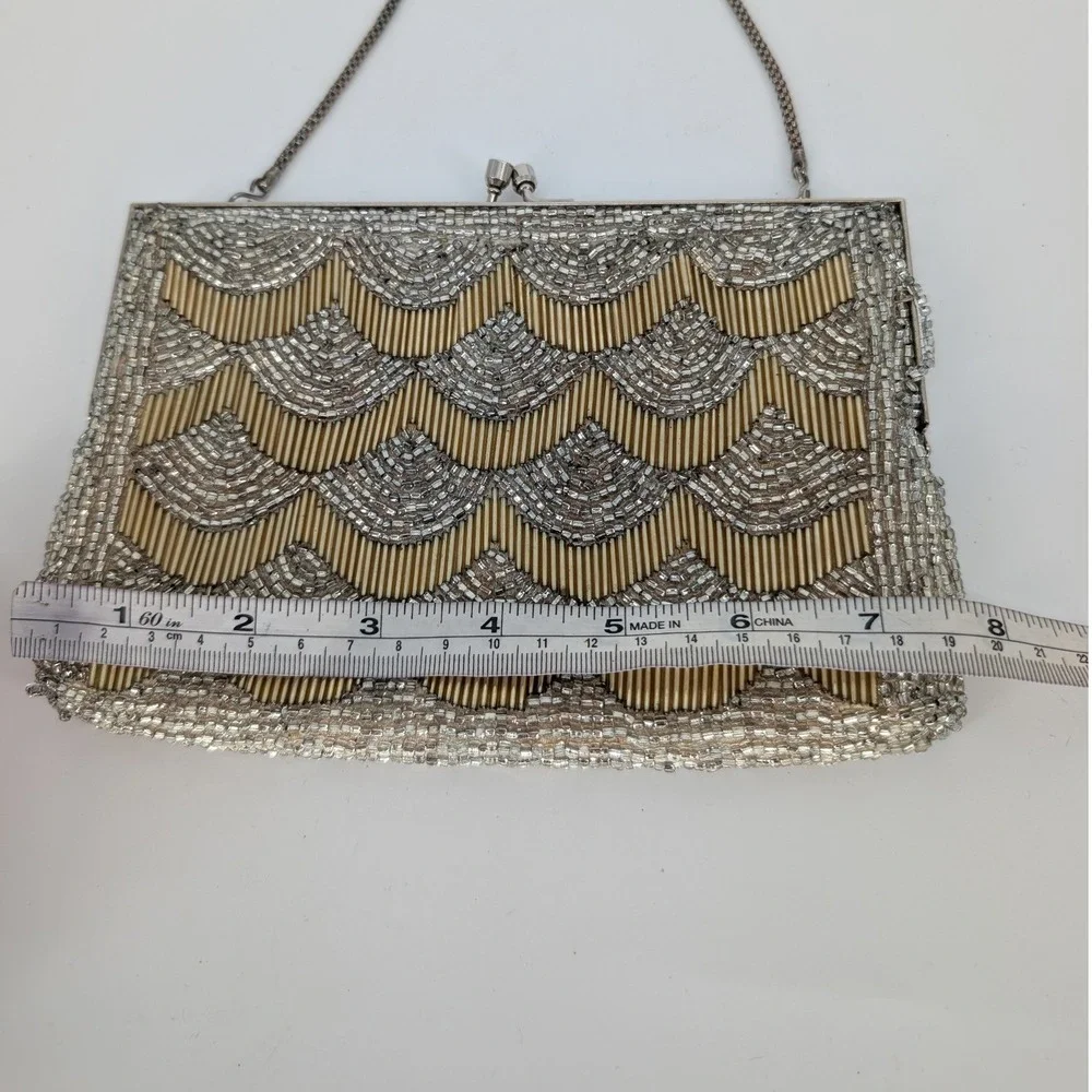 VTG Beaded Evening Bag Small Gold Silver Art Deco Kiss Lock Clutch Formal Glam